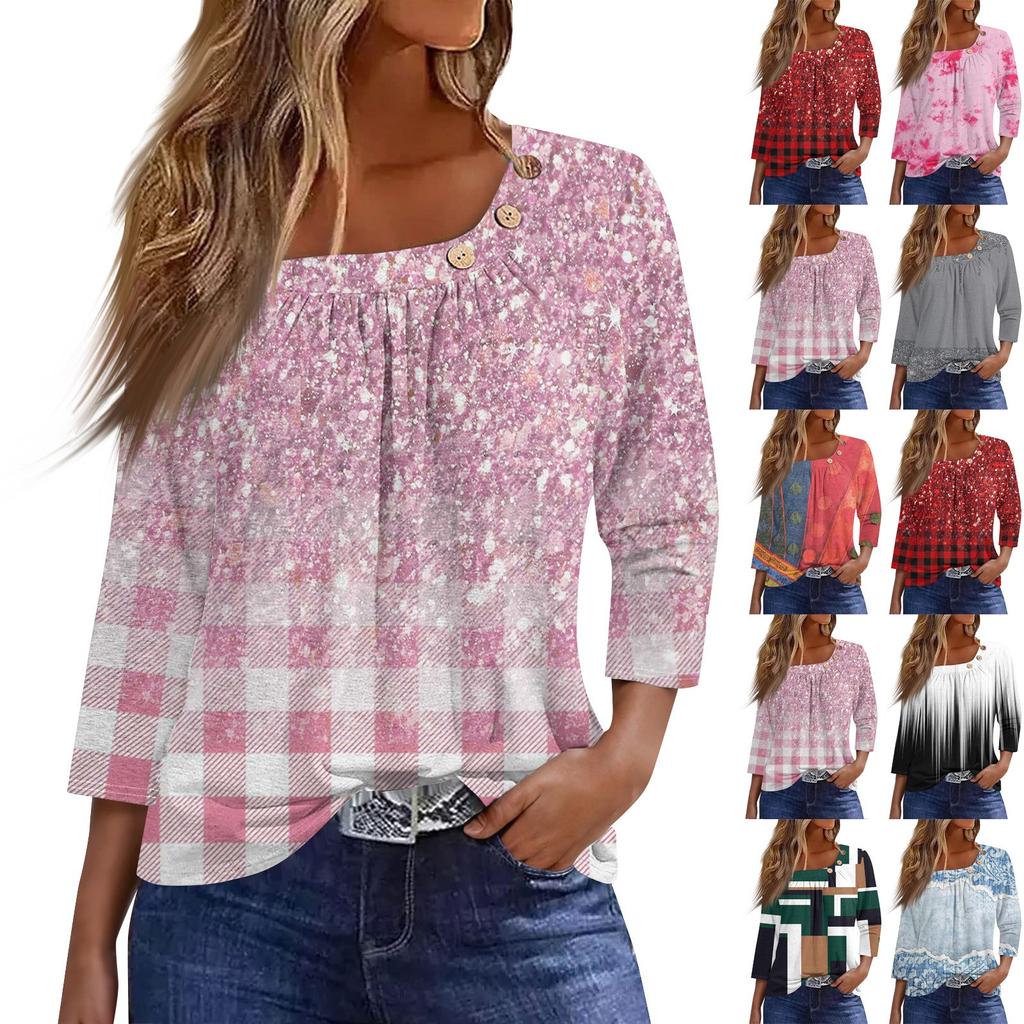 Women's T Shirt Tee Print Button 3/4 Sleeve Daily Weekend Fashion Basic Regular Top