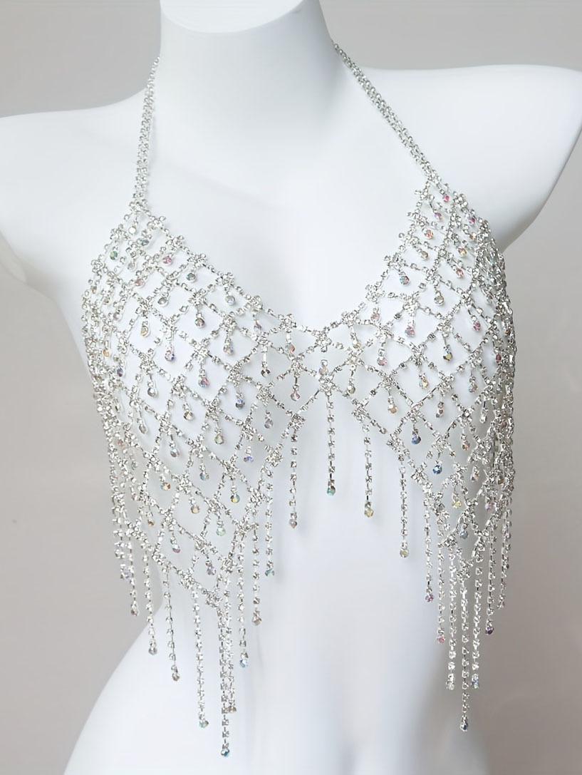 

European And American Popular Bikini Rhinestone Chest Chain, Nightclub Women S Fringed Ab Color Super Large Luxury Rhinestone Bra Body Chain срібний