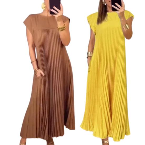 Summer Women Dress Pleated Sleeveless Round Neck Loose Solid Color Breathable Soft A-line Side Pockets Ankle Length Casual Commute Vacation Beach Maxi