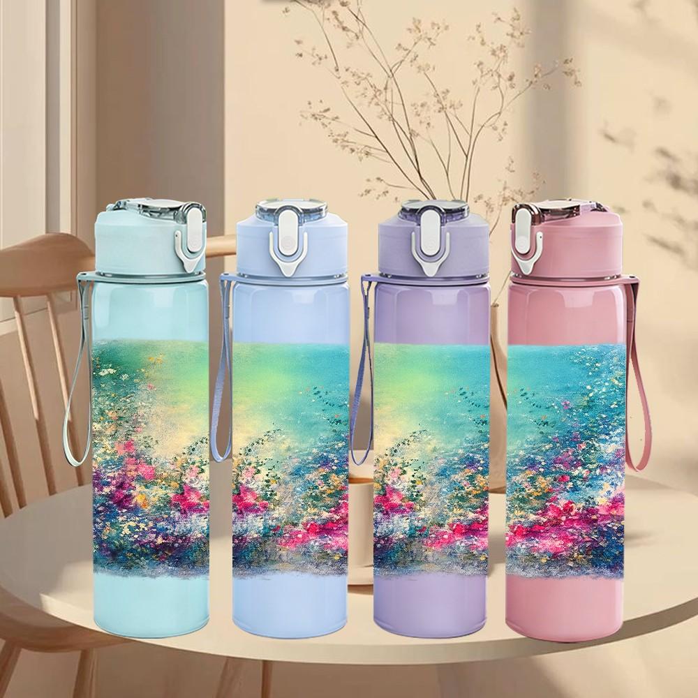 1PC Dreamy Blue Watercolor Scene Print 750ml Color Plastic Sports Water Bottle Leakproof Flip Straw Lid Suitable for Sports Office Home Use