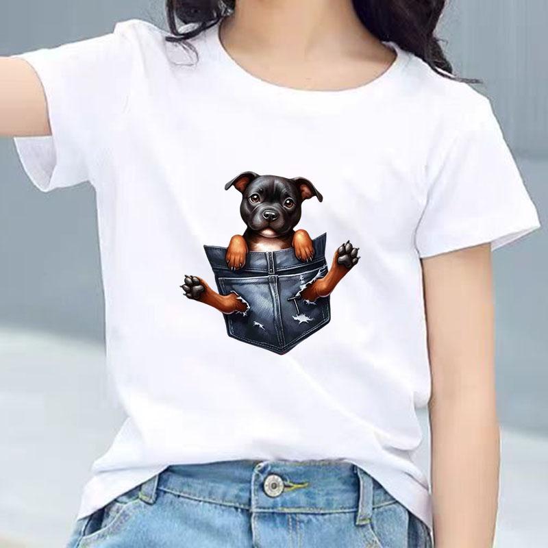 Kids Cotton T Shirt Adorable Pocket Staffordshire Dog Pattern Print Crew Neck Short Sleeve Tee Casual Boys Girls Summer Tops