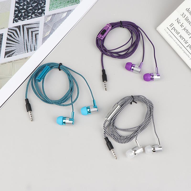 1Pc Stereo Earbuds Earphone Wired Nylon Weave Cable Earphone Headset With Mic