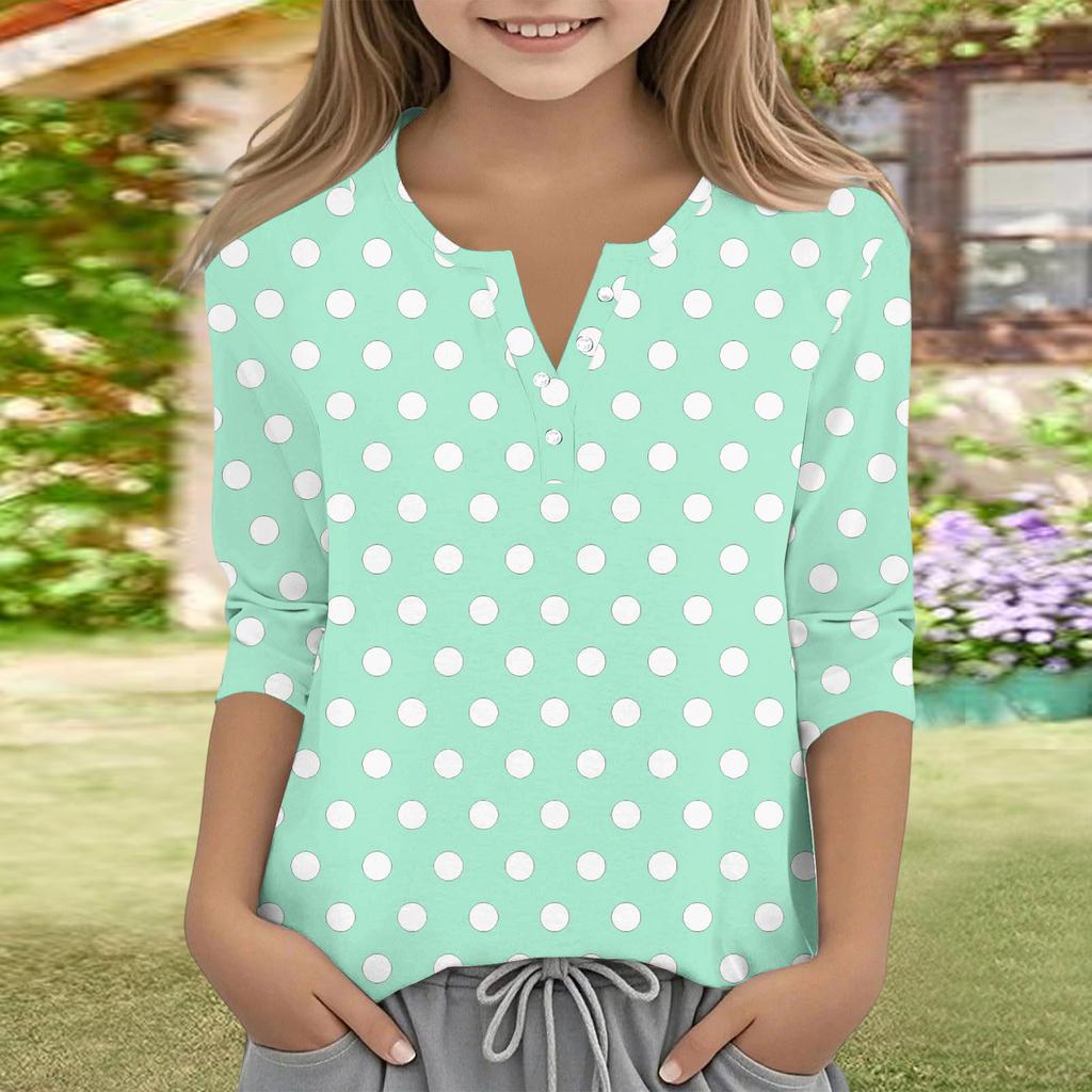 Print Tops For Youth Girls V Neck Button 3/4 Sleeves T-Shirts Trendy Tops Outfit Tees