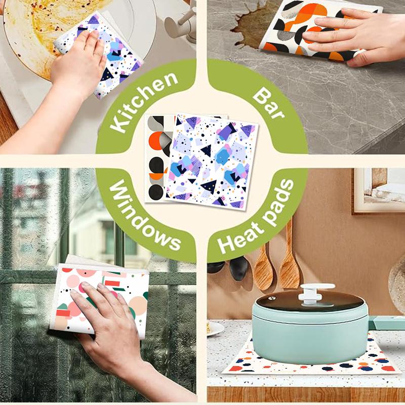 6PCS Swedish Dishcloths Biodegradable Eco-Friendly Dish Rags Reusable Absorbent Kitchen Washable Cleaning Cloths Geometry Pattern Dish Towels