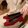 Fashion Single Shoes Women 2025 New Spring Square Toe Bow Block Heel Red Light Mouth Grandma Shoes
