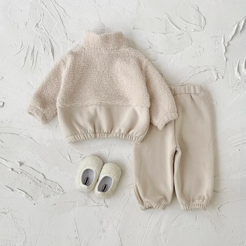 Herbst Winter Thermosuit Babykleidungssets Jungen Mädchen Lammfleece Farbblockiert Hoher Kragen Unifarbene Hose
