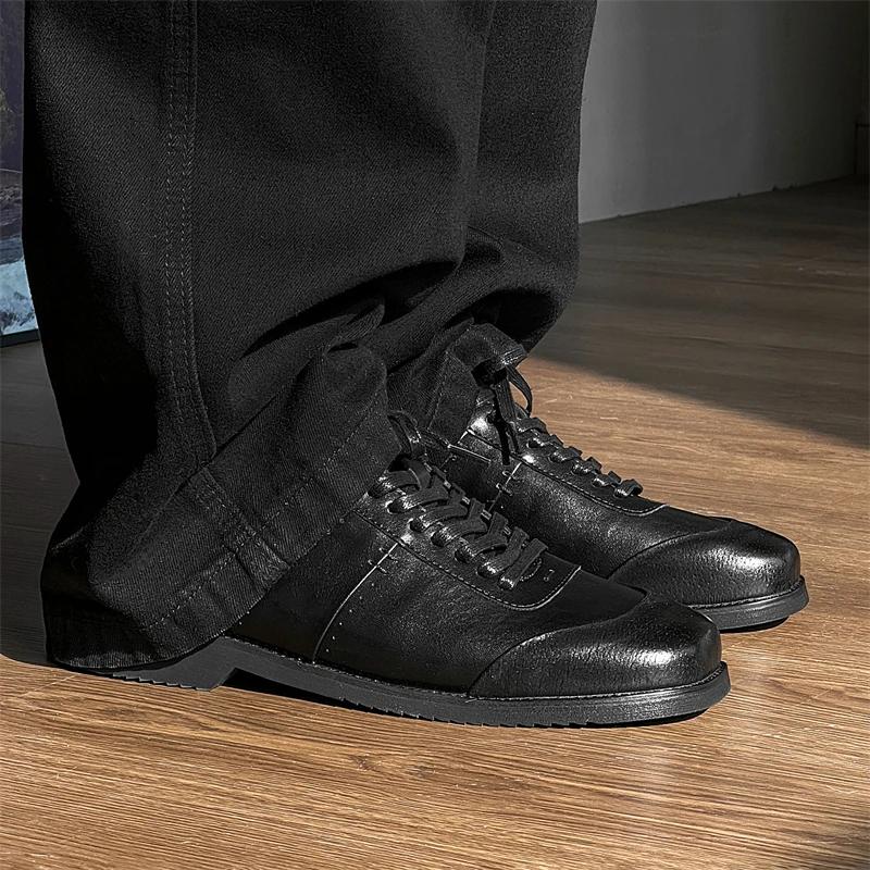 Fashion Men Fashion Genuine Leather Vulcanized Shoes Casual Leather Flat Designer Shoes Breathable Lace up Outdoor Oxfords Walking Shoes