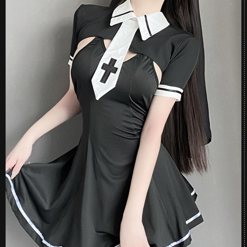 Sexy Nun Costume Women Cosplay Lingerie Gothic Maid Costume Nun Dress Anime Roleplay Halloween Outfits Tassel Black