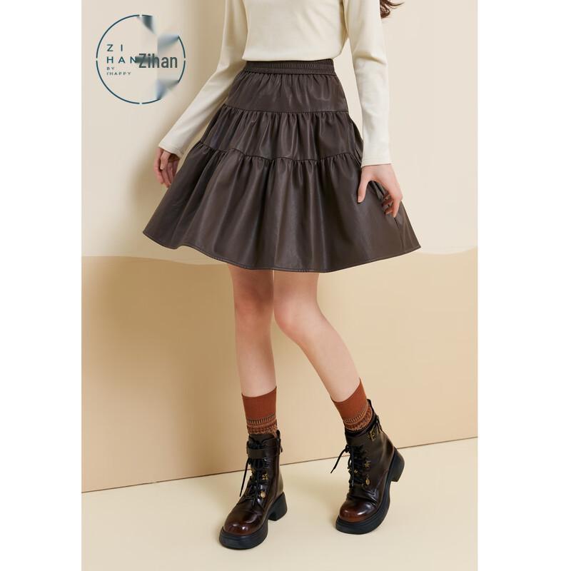 ZIHAN Women's Retro Brown PU Leather High-Waist Pleated Mini Skirt