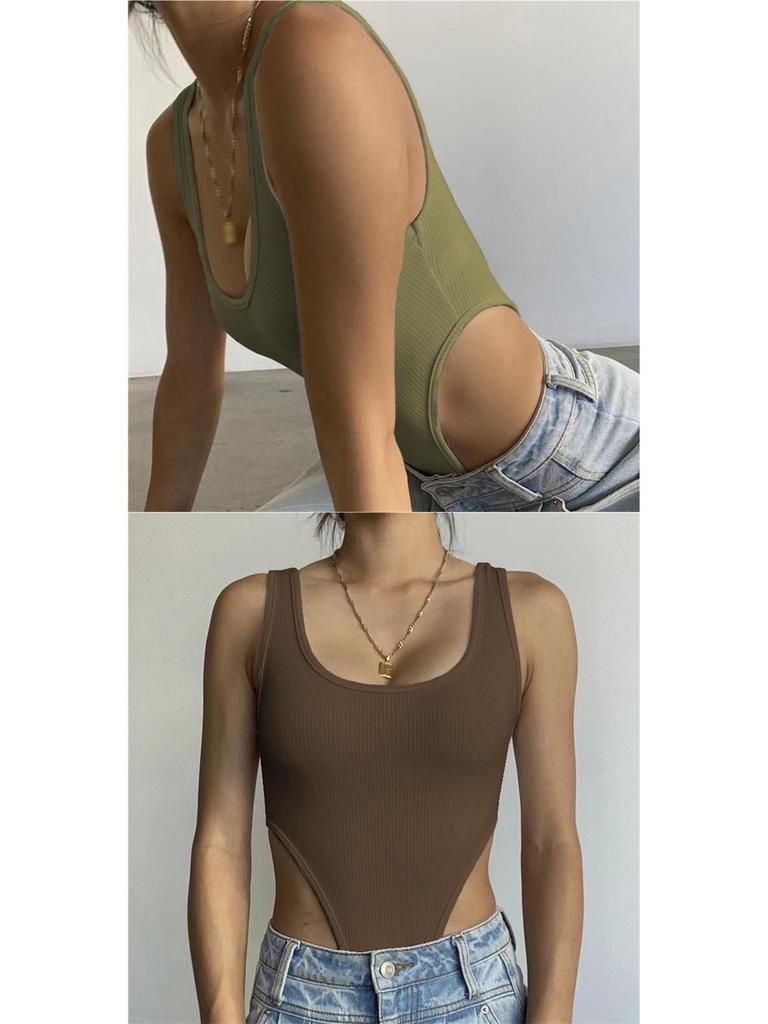 Sexy Slim-Fit Ribbed Cotton U-Neck Tank Top Jumpsuit with High Slit - European & American Summer Collection
