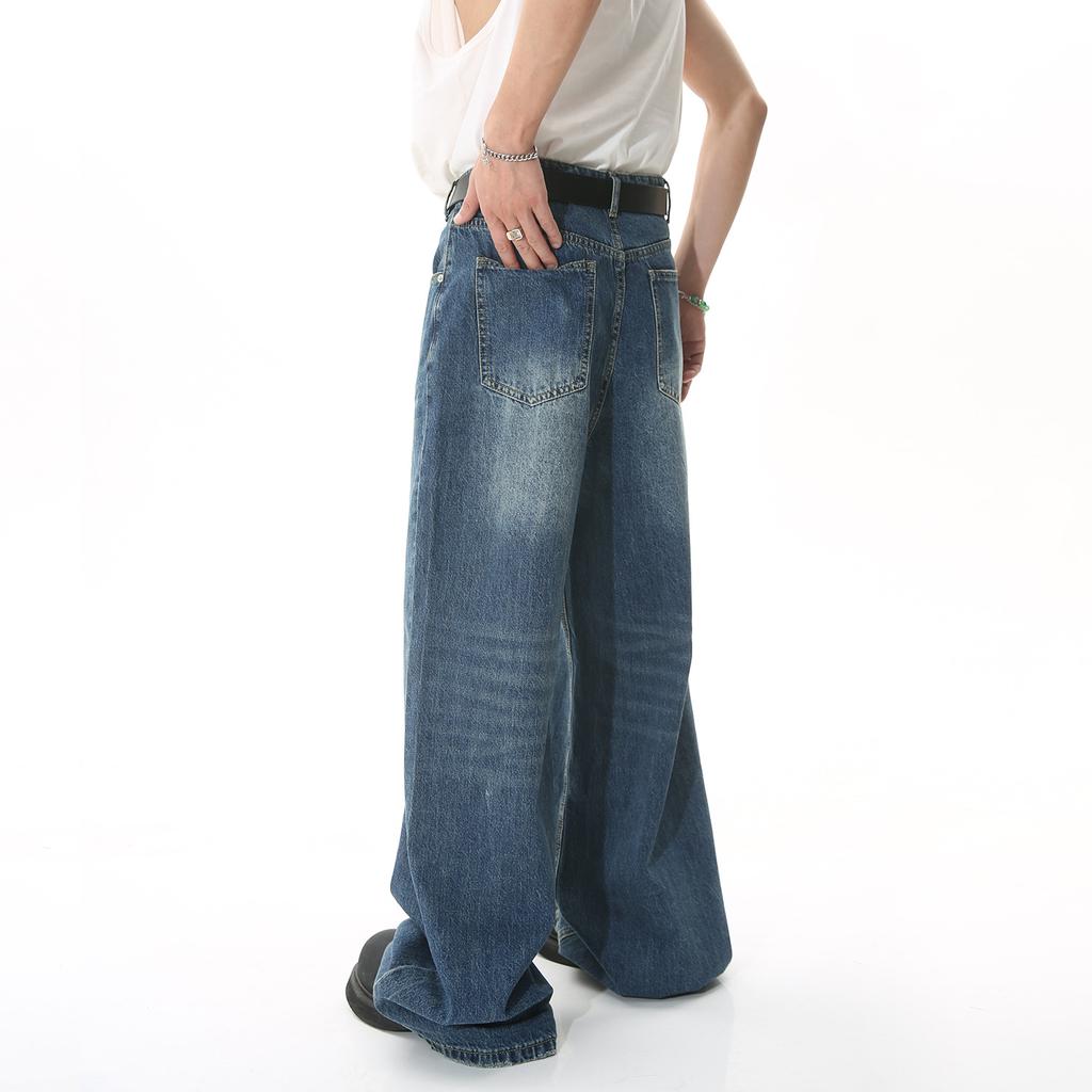 Men's Four Seasons New Product Retro Hong Kong Style High Waist Wide Leg Floor Dragging Denim Pants