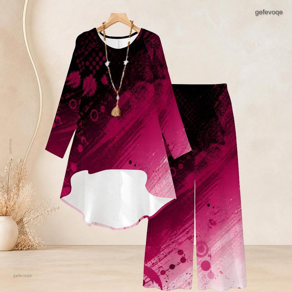 Women Plus Size Round Neck Long Sleeve Printed High Low Top Wide Leg Pants Two Piece Set Red Black
