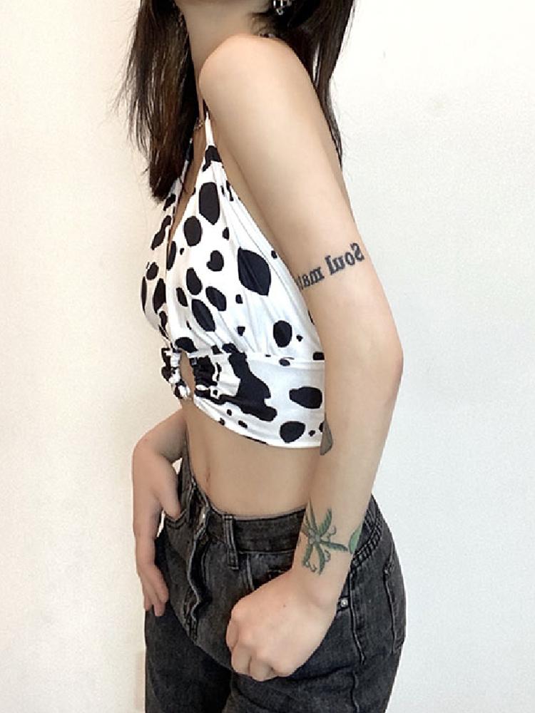 AltGoth Streetwear Y2k Cow Camis Women Dark Gothic Hollow Out Backless Crop Tank Top Harajuku Vintage Sexy Grunge Emo Alt Outfit