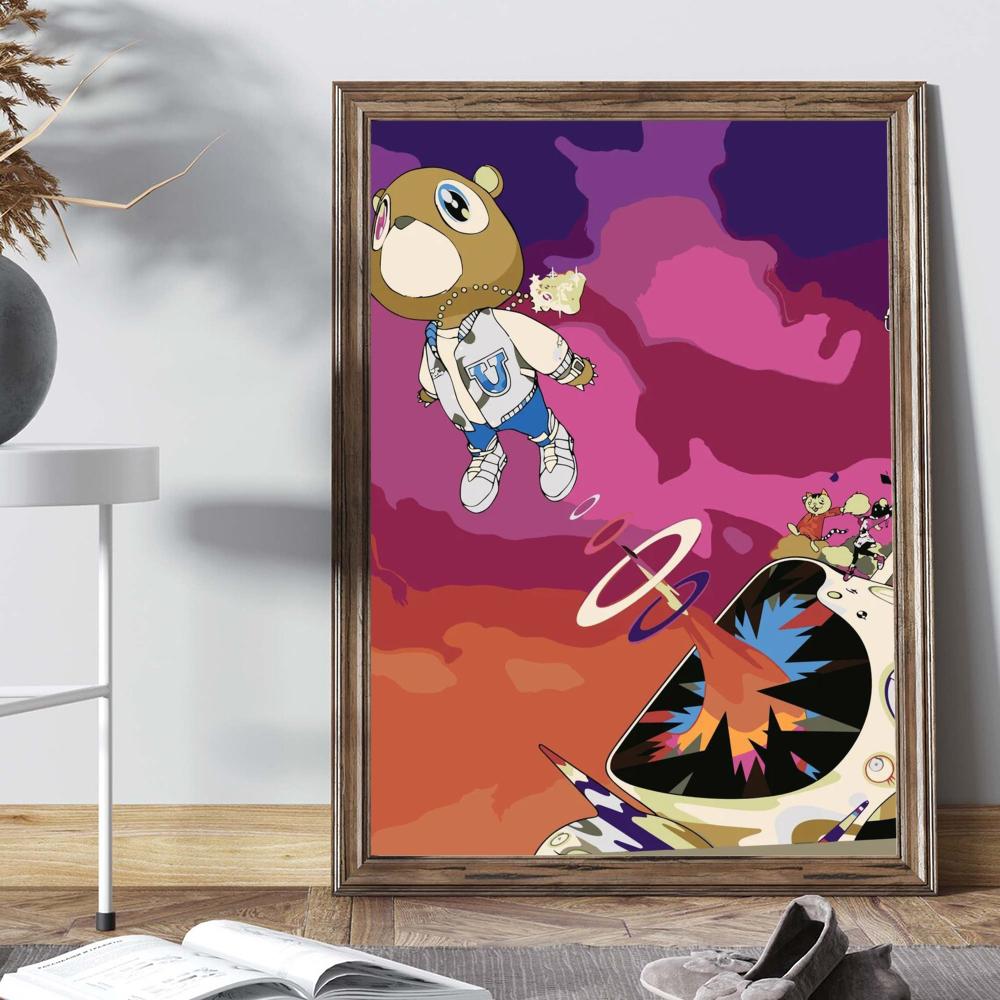 Kanye West Rapper Music Whitepaper Poster Self-adhesive Art Poster Fancy Wall Sticker for Living Room Bar Decoration Painting