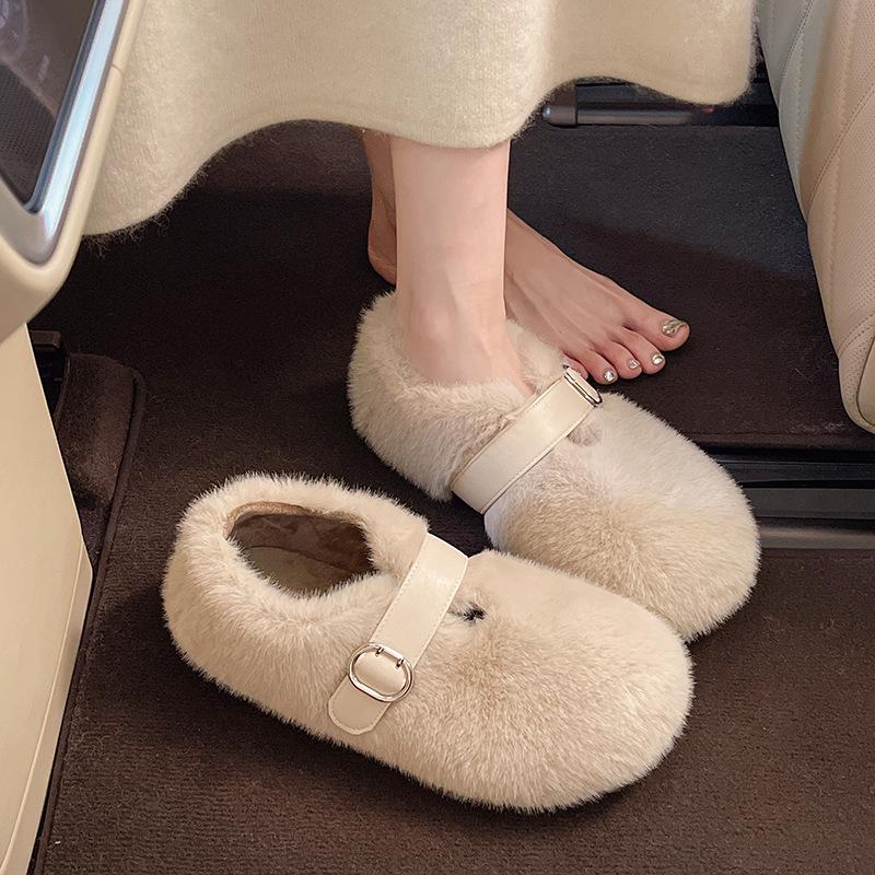 Mink Hairy Shoes for Women's Winter Wear 2025 New Korean Version French Soft Flat Bottom Velvet Warm Mary Jane Doudou Shoes