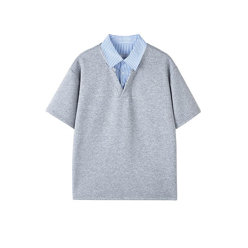 Men Loose Fake Two Piece Shirt Collar Patchwork Short Sleeve Casual T Shirt M