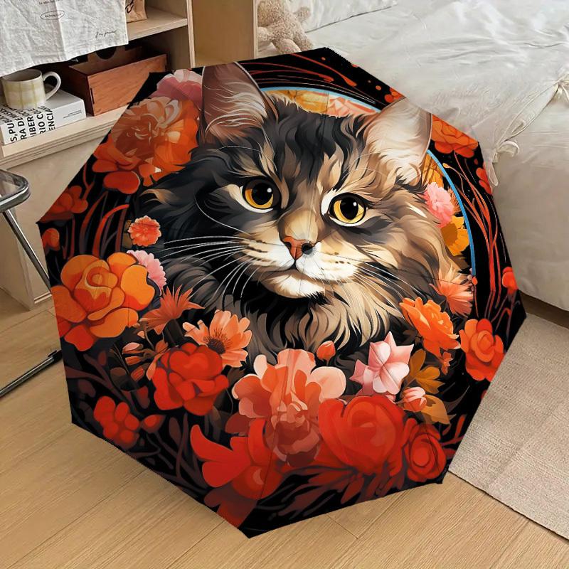 1pc Floral Cat Portrait Umbrella with Plastic Handle,Suitable for All Seasons Home Travel Outdoor UmbrellaDD201