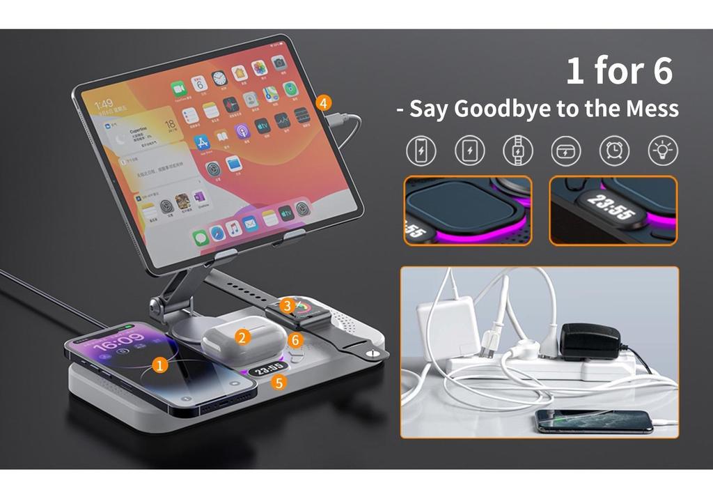 7-in-1 Foldable Wireless Charger for Phone, Watch, Earbuds, Clock, and Lights with Tablet Stand
