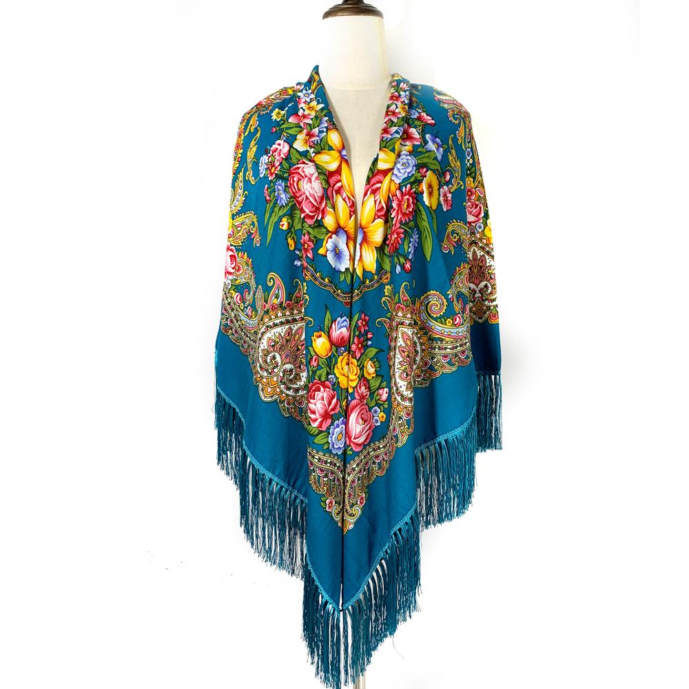 160*160Cm Russian Square Scarf Women Retro Floral Print Fringed Bandana Blanket Shawl Babushka Handkerchief Hijab Head Wraps