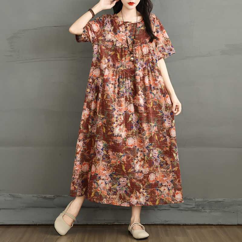 Summer Retro Cotton and Linen Round Neck Short Sleeved Dress, Women's Loose Skirt