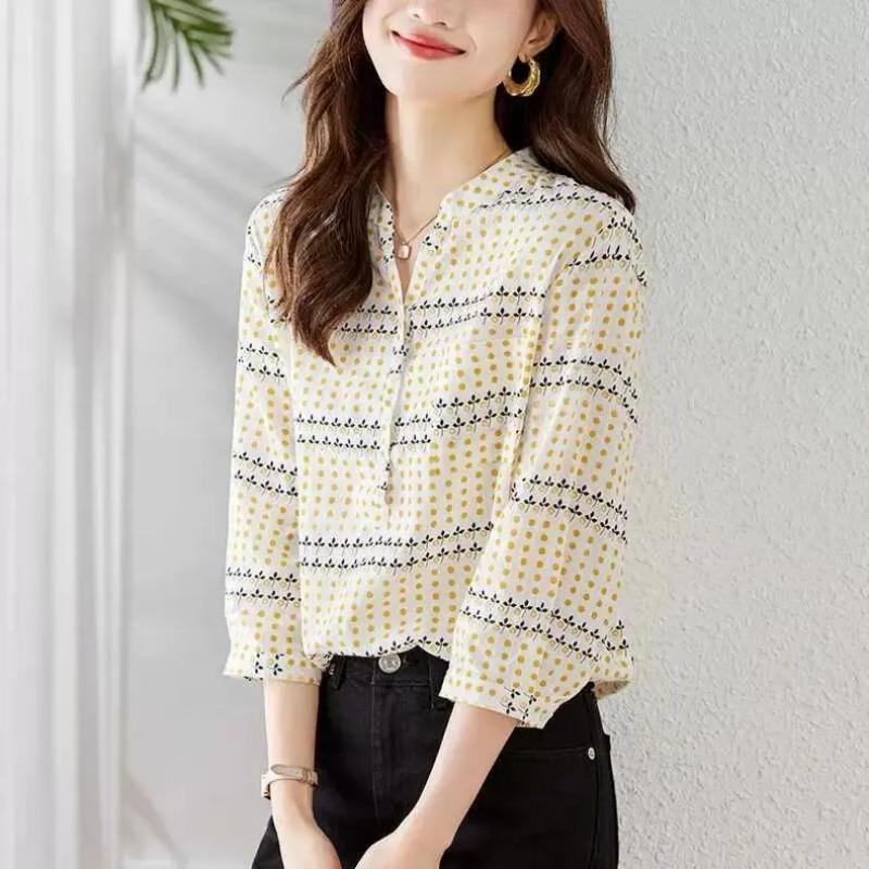 Женская белая с желтым горошком и цветочным принтом длиннорукавная блузка-henley L жёлтый