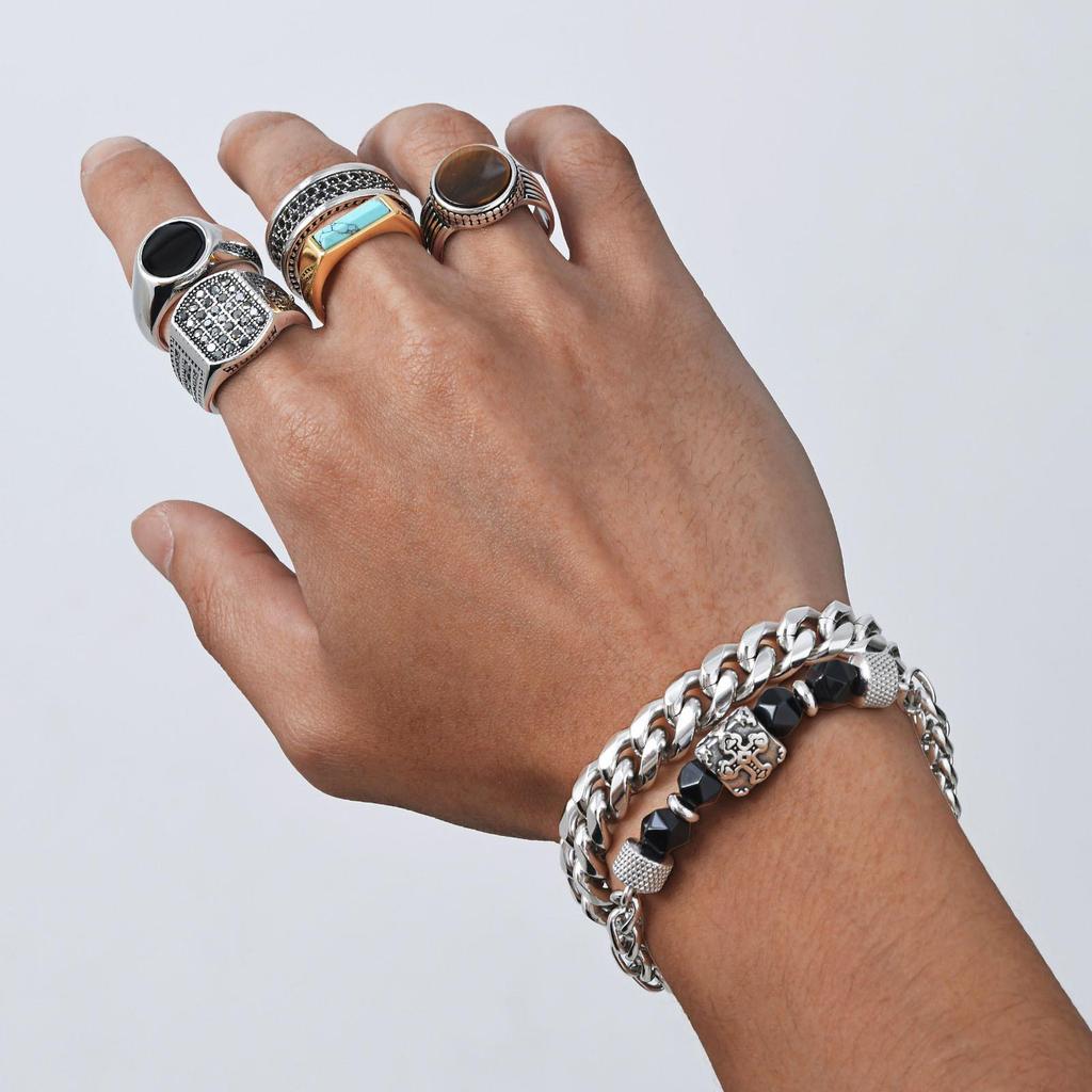 Titanium Steel Zircon Tiger Eye Ring: Men's Turquoise Hip Hop Fashion Accessory