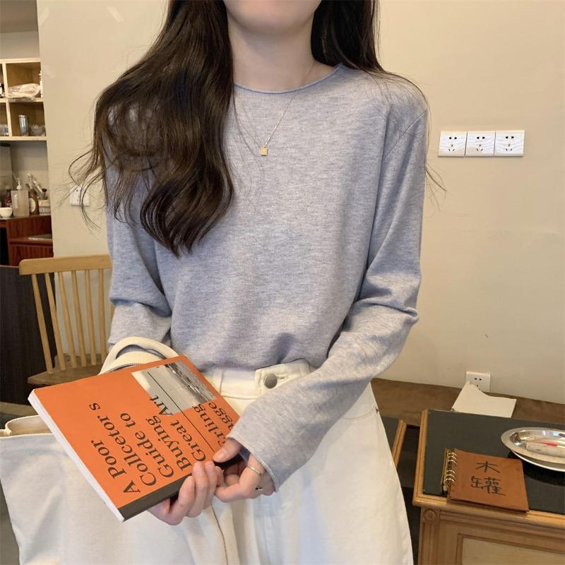 Lazy wind crimped knitted sweater women s early spring simple fashion long-sleeved inner top bottoming shirt S