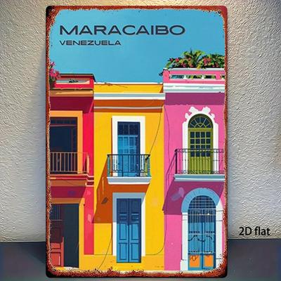 Arte da Parete in Metallo 2D Piatto Vintage Maracaibo Venezuela - Architettura Venezuelana Colorata Arte in Ferro e Latta. Per decorazione casa/bar/garage