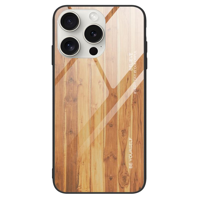 For iPhone 16 Pro Max Case TPU Frame Tempered Glass Back Phone Cover Wood Texture