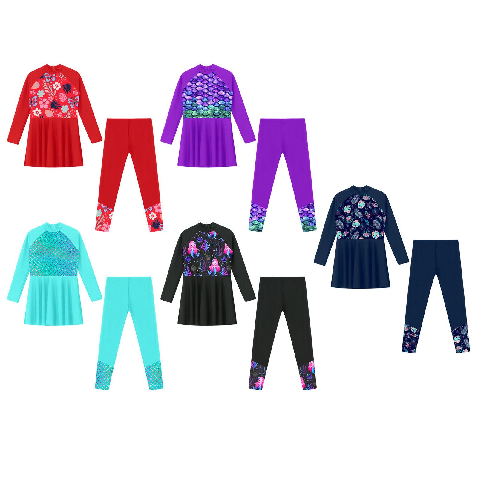 

2 шт. Купальник для дівчаток, квіткові спідниці з довгими рукавами для плавання з брюками, пляжні набори з прикриттям, купальний костюм, набір захисних засобів від висипу