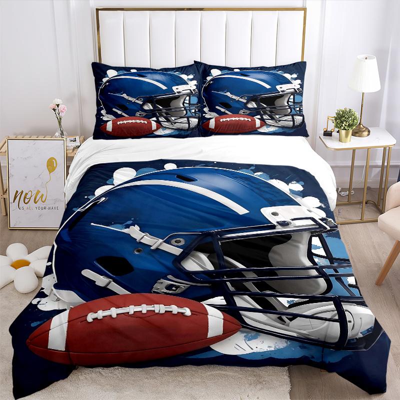 3pcs Blue Football Helmet Bedding Set, Including 1 Quilt Cover and 2 Pillow Shams, Without Filling, Soft and Comfortable Home Bedroom Fabric