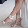 New one-word open-toed sandals for women, sexy temperament lace mesh white high heels for women, thin heel round head