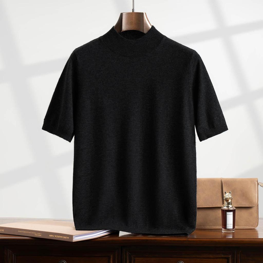 Men's Loose Fit Casmere Knit Half-High Neck Short Sleeve Pullover