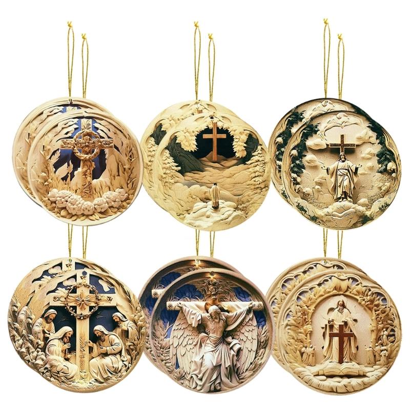 12pcs Wood Pendant Christmas Tree Ornament Set Hanging Decoration with Detailed Craftsmanship Religious Accessories