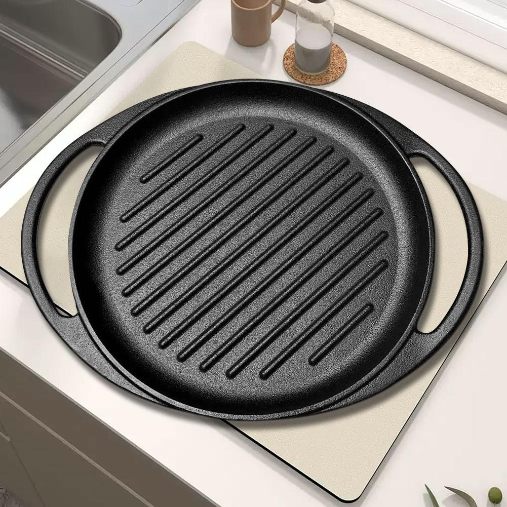 10 Inch Cast Iron Grill Pan Round Frying Pan Non-Stick Skillet Pan with Dual Handles for Open Fire and Gas Stoves