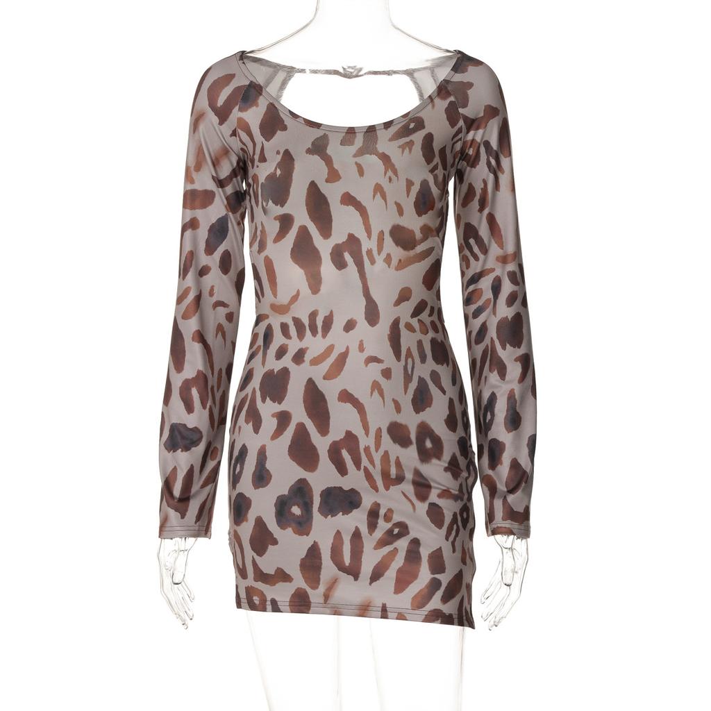 Leopard Print Halter Long Sleeve Dress Spring Women's Sexy Spice Short Dress