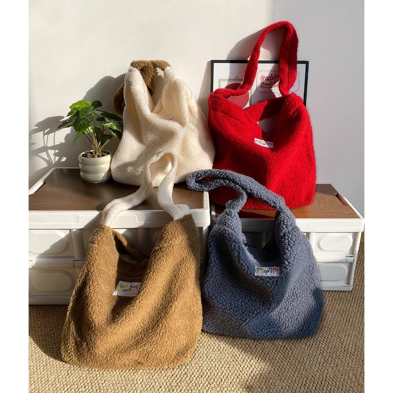 Versatile Christmas Red Faux Lamb Wool Women's Shoulder Bags Simple Solid Color Ladies Handbag Large Capacity Female Tote Bag