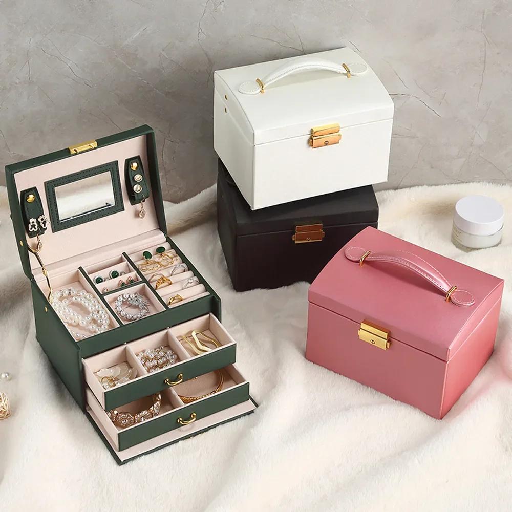 PU Leather Jewelry Organizer Boxes with Mirror Storage Box for Necklaces Rings Earrings Multi-layer Travel Jewelry Cosmetic Box
