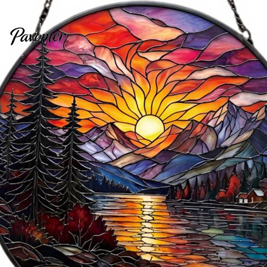 Creative Housewarming Gifts Stained Glass Style Suncatcher, Mountain Sunset Landscape Window Hanging Ornament, Colorful Sunrise Art Decor Sun Catcher
