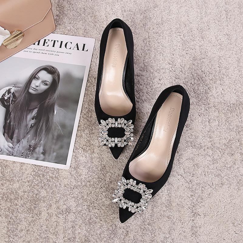 French pointed rhinestone high heels women's summer 2025 new stiletto large size small size black professional single shoes women