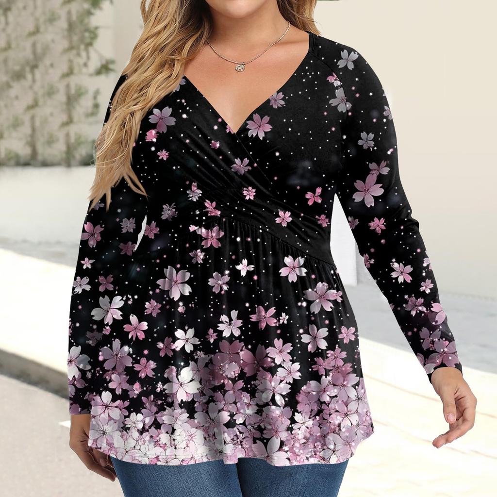 Women's Plus Size Shirt Long Sleeve Print Top Pleated Casual V-Neck Top