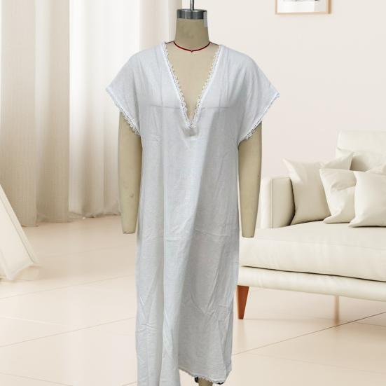Damen V-Ausschnitt Maxikleid Sommer Baumwolle Leinen Fließend Strand Sonnenkleid Spitzenbesatz Lässig Locker Lang Kleid mit Taschen
