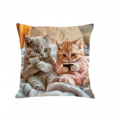 Fashion Cat Using Mobile Phone Pattern Pillowcase - Skin Materia Zipper Closure, Perfect Choice For Home And Office Decoration