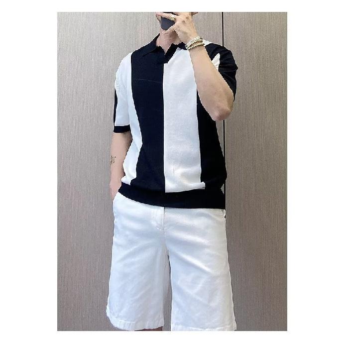 Ice Silk Short Sleeve T-Shirt for Men Korean Style Trendy New Summer Color-Block Personality Tee Slim Fit Knitted Round Neck Short T-Shirt for Men