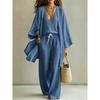 Kadın 3 Parça Keten Kıyafet Kimono Kollu Açık Ön Hırka V Yaka Üst İpli Geniş Bacak Pantolon Boho Plaj Kombin Seti