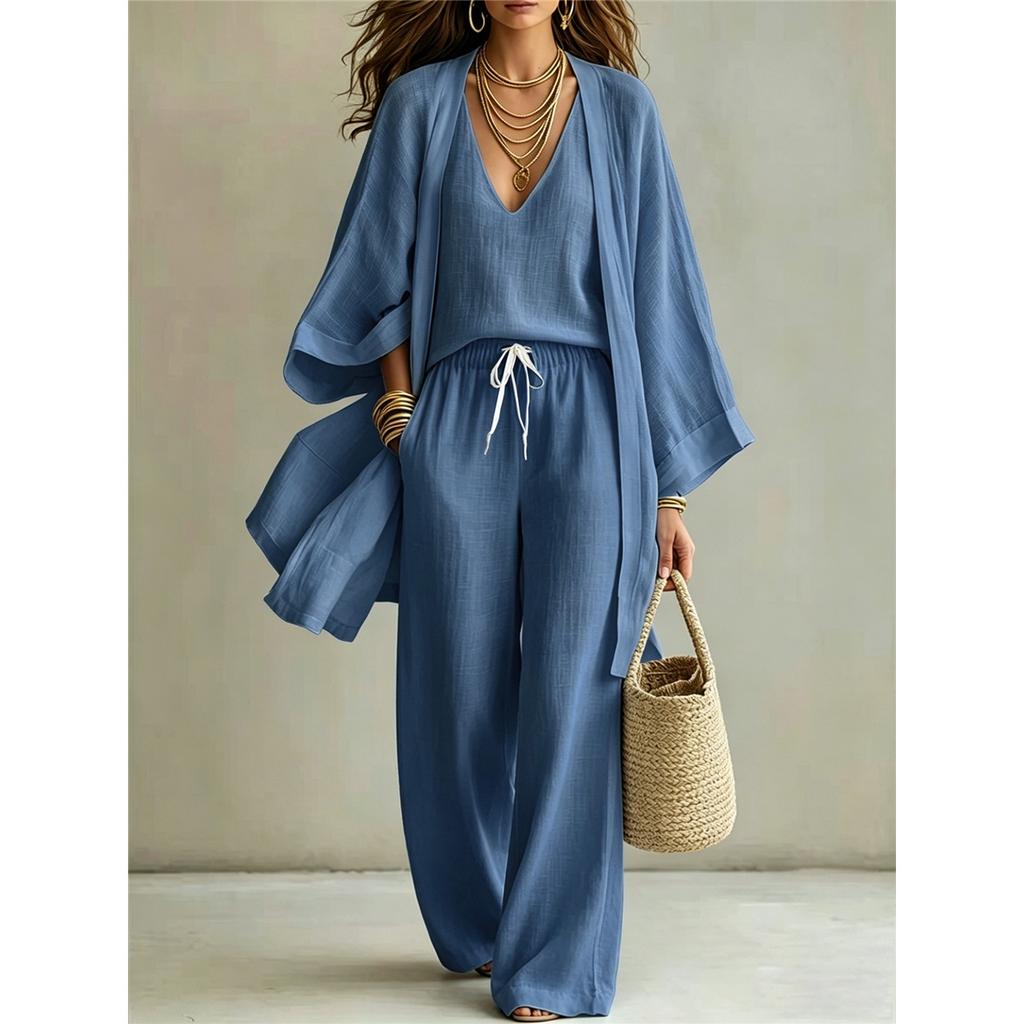 Kadın 3 Parça Keten Kıyafet Kimono Kollu Açık Ön Hırka V Yaka Üst İpli Geniş Bacak Pantolon Boho Plaj Kombin Seti