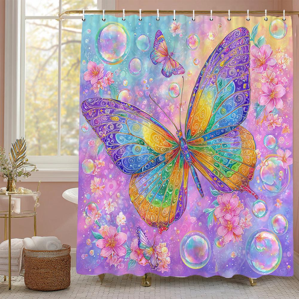 Beautiful pink butterfly pattern Shower Curtain,flowers Shower Curtain,Printed polyester fabric Bathroom Decoration Curtain