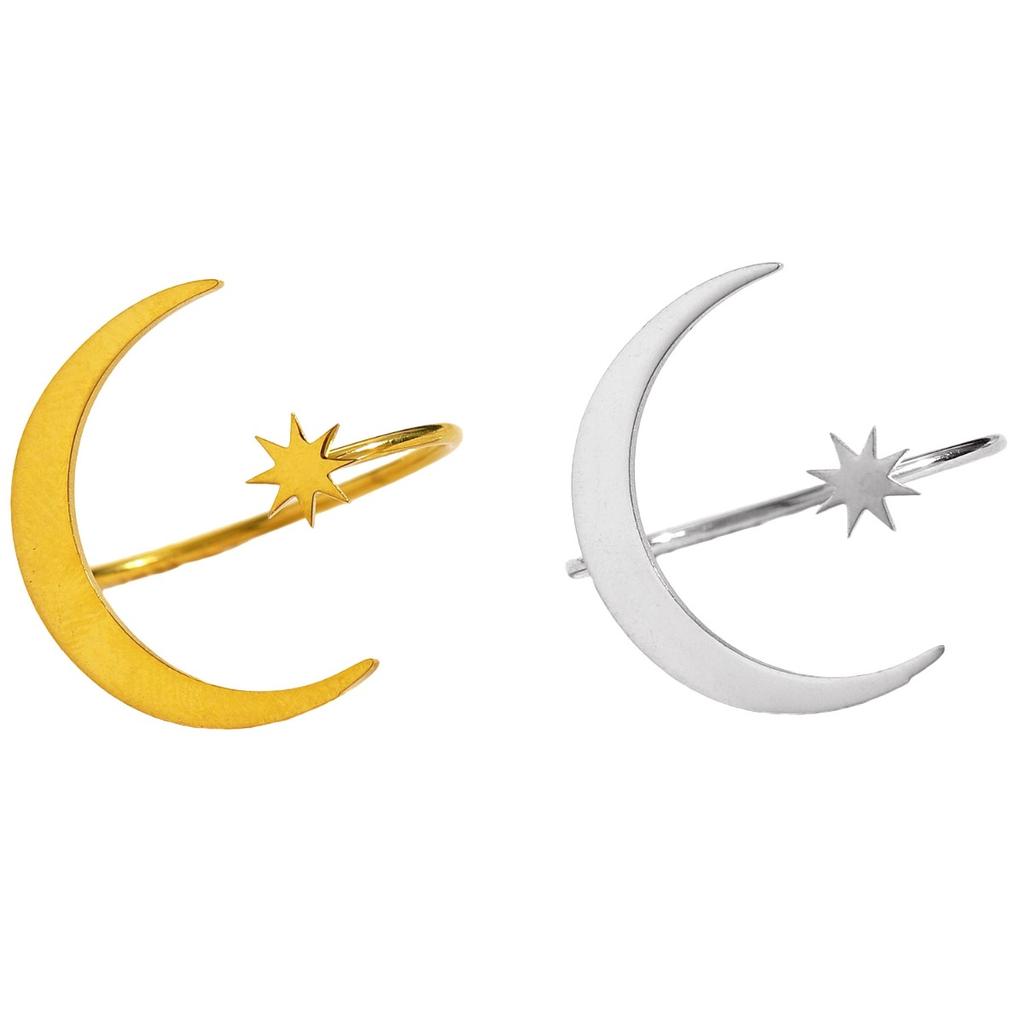 Crescent Moon and Star Open Ring for Women Minimalist Celestial Adjustable Ring