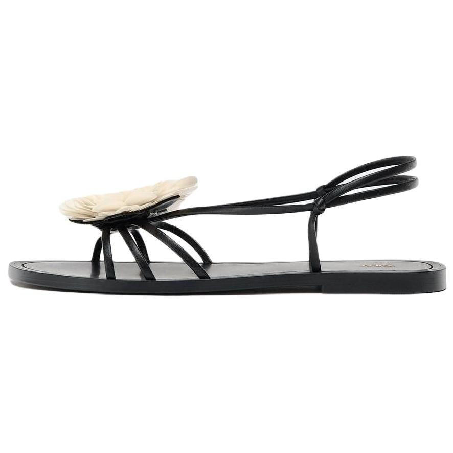 Zara Pu Vintage Open-Toe Floral Decor Flat One-Strap Sandals 1.5Cm Women Sandals Black 2604510800 39