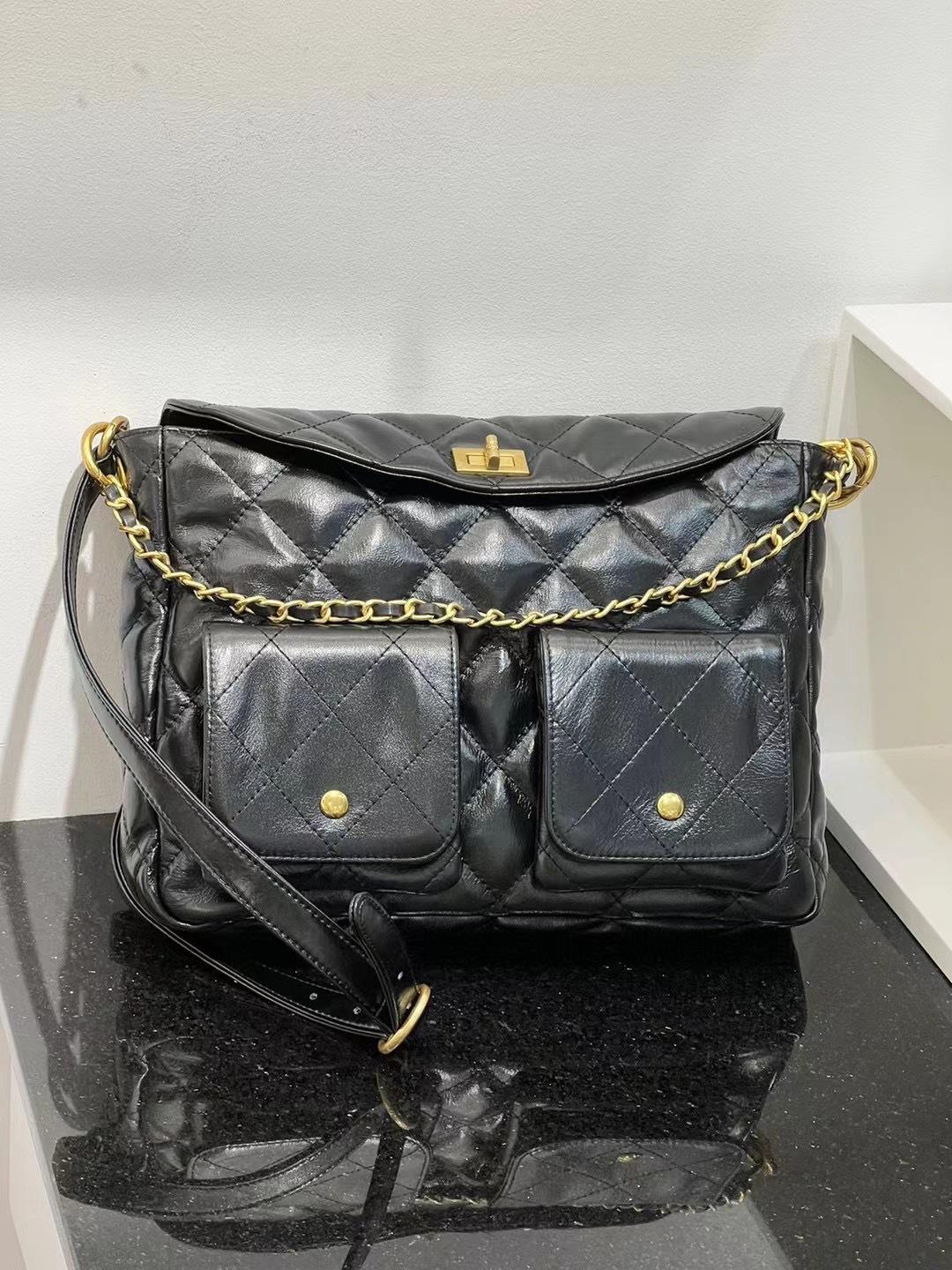 

24 Ранние Новые Модные Повседневные Повседневные Металлические Цепи Почтальон Двойной Карман На Одно Плечо Сумка Через Плечо 24x5x19.5cm чёрный